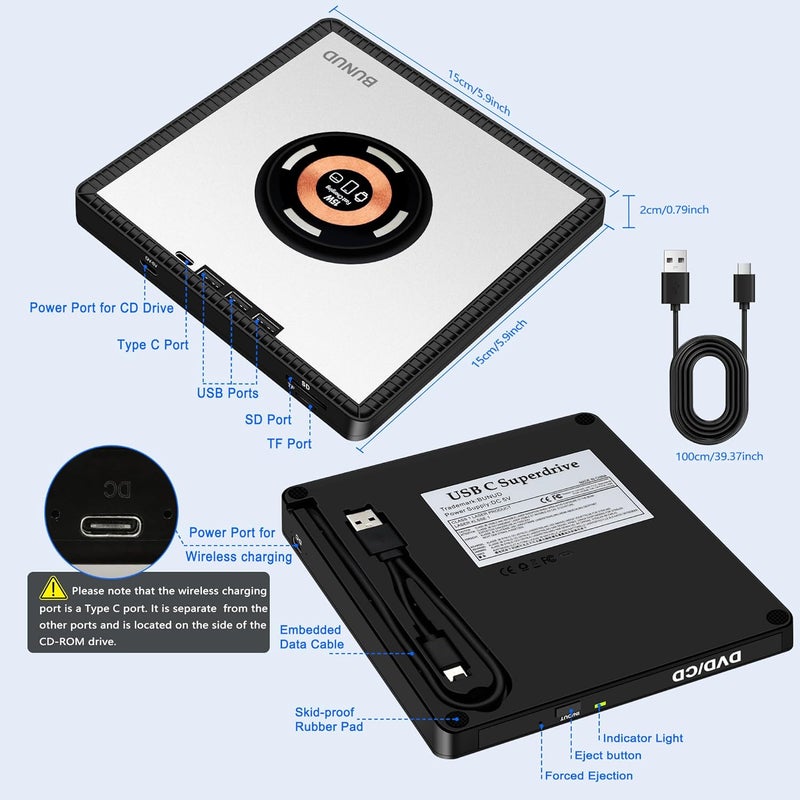 BVNUD External CD DVD Drive: USB DVD Drive External DVD Burner for PC with 3 USB and TF/SD Slots Slim Portable Disc Player Reader for Laptop Mac Windows 11 Apple with 15W Wireless Fast Charging - Image 3